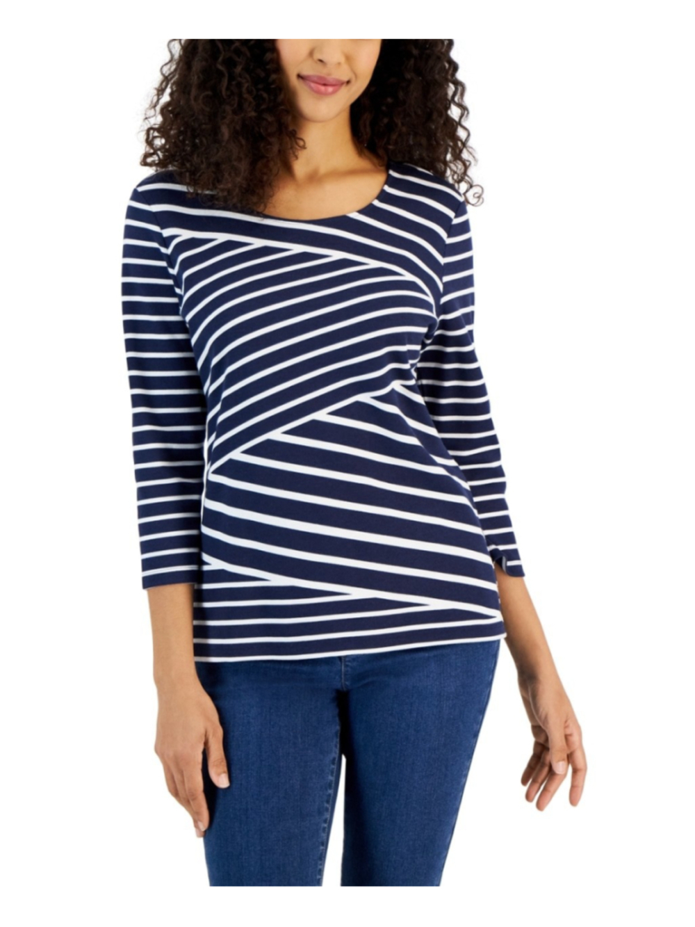 Karen Scott Women's Medium Navy & White Striped 3/4 Sleeve Top T-Shirt NWT